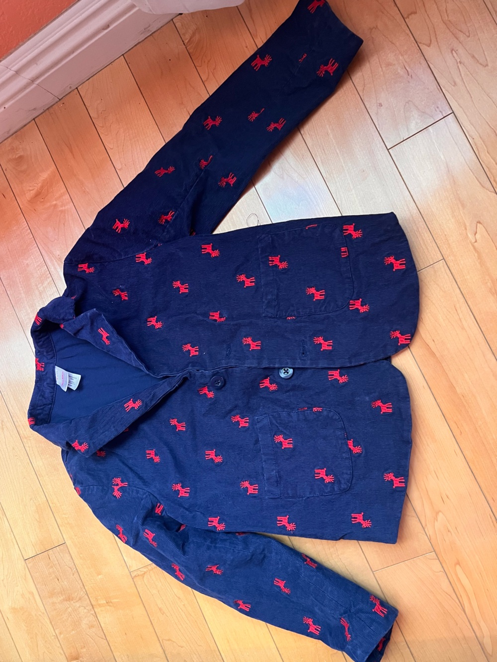 Hanna Andersson Navy Button-Up with Red Moose corduroy blazer